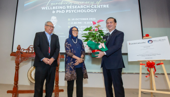 (From left) Director of UCSI Wellbeing Research Centre Professor Dr Mansor bin Abu Talib, UCSI vice-chancellor Prof Datuk Dr Siti Hamisah Tapsir and UCSI Healthcare Group chairman Tan Sri Dr Noor Hisham Abdullah